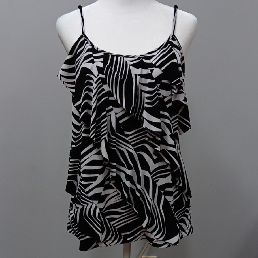 AB Studio Asymmetrical Ruffled Black and White Camisole